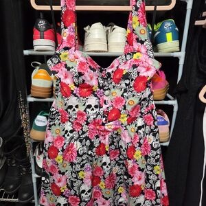 Hell Bunny Black and Pink Floral Skull Dress. Size Large